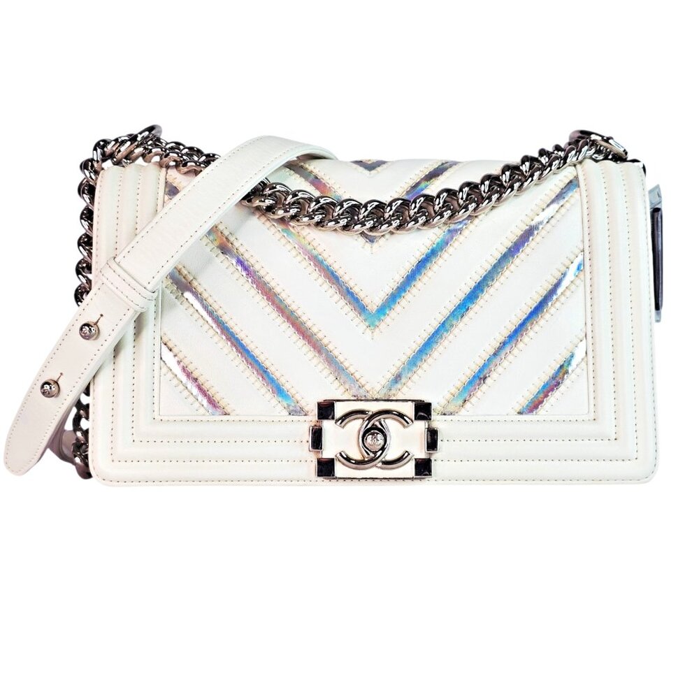 CHANEL Medium Iridescent Chevron Boy Bag White Leather Silver Shoulder Strap CC